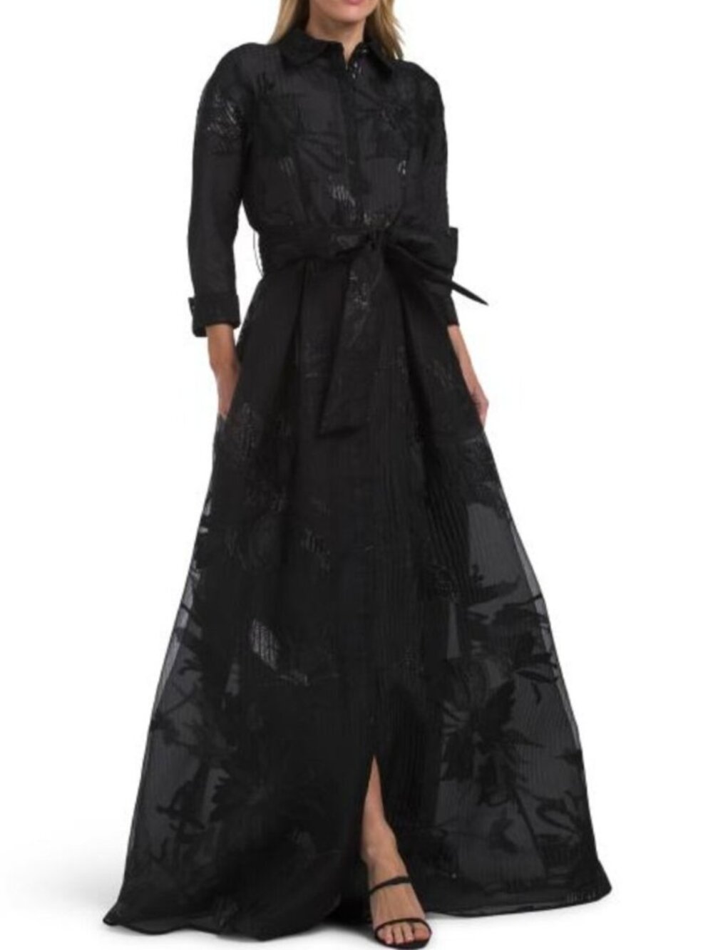 TERI JON Crinkle Organza Floral Motif Shirt Waist Gown